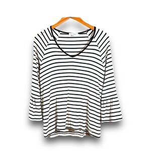 CALVIN KLEIN Black and White Stripe Bell Sleeve V Neck Top SZ XS